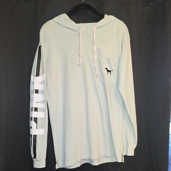 PINK Victoria's Secret Light Blue Long Sleeve Tee, Hooded - Picture 1 of 5